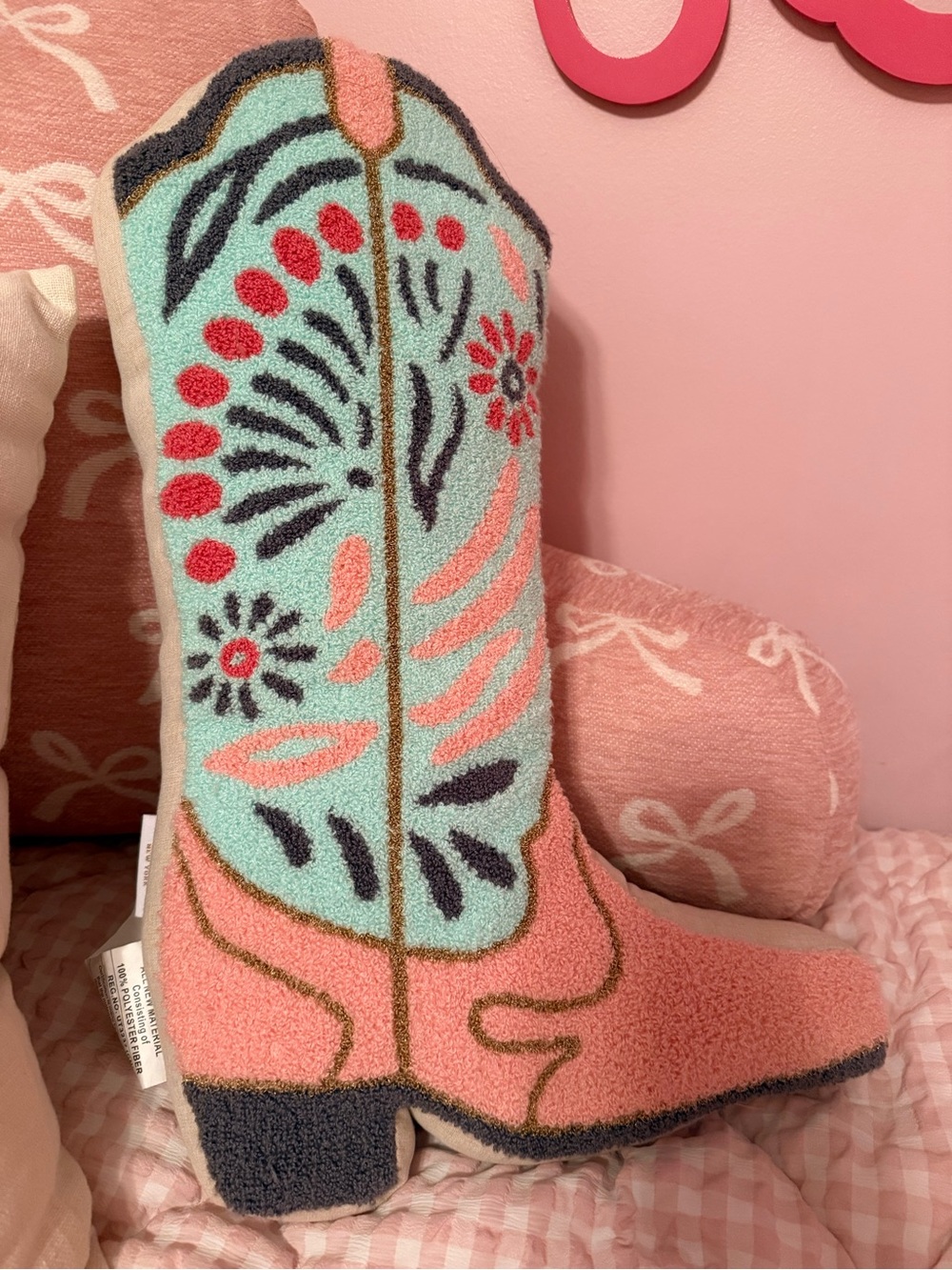 Decorative Boot-Shaped Accent Pillow in Coral and Aqua